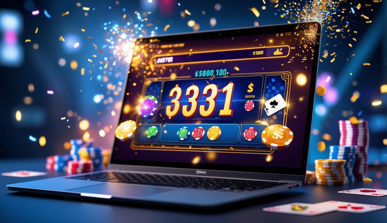 Seseorang sedang bermain permainan kartu online dengan tampilan jackpot besar di layar perangkat digital.