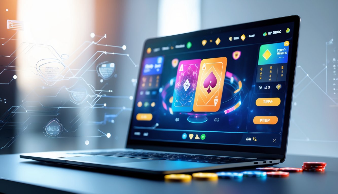 Seorang pria menggunakan laptop dengan tampilan permainan kartu online di layar, dikelilingi elemen digital yang menunjukkan koneksi internet.