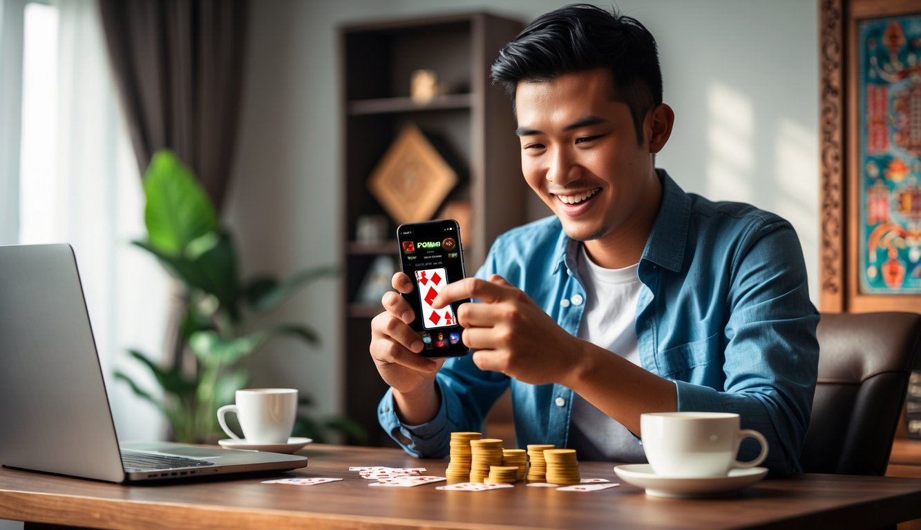 Seorang pria muda Indonesia sedang bermain permainan kartu online di ponsel di rumah dengan suasana hangat dan nyaman.