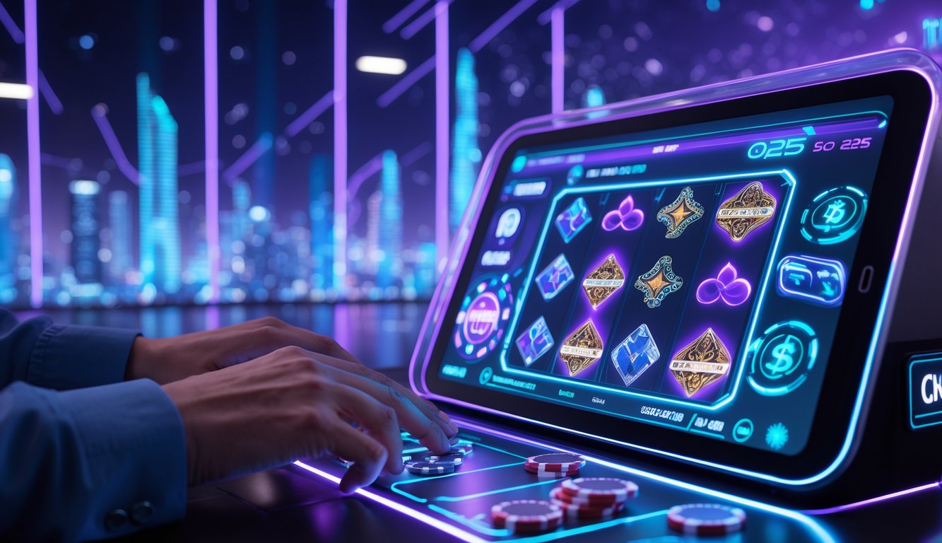 Sebuah layar permainan kasino online futuristik dengan lampu neon dan latar belakang kota digital.
