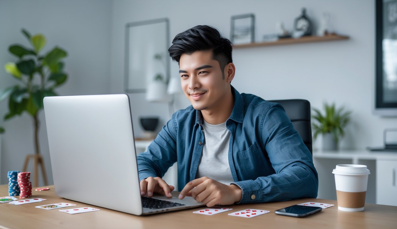 Seorang dewasa muda duduk di meja dengan laptop, fokus bermain game kartu online dengan chip poker dan kartu di meja.