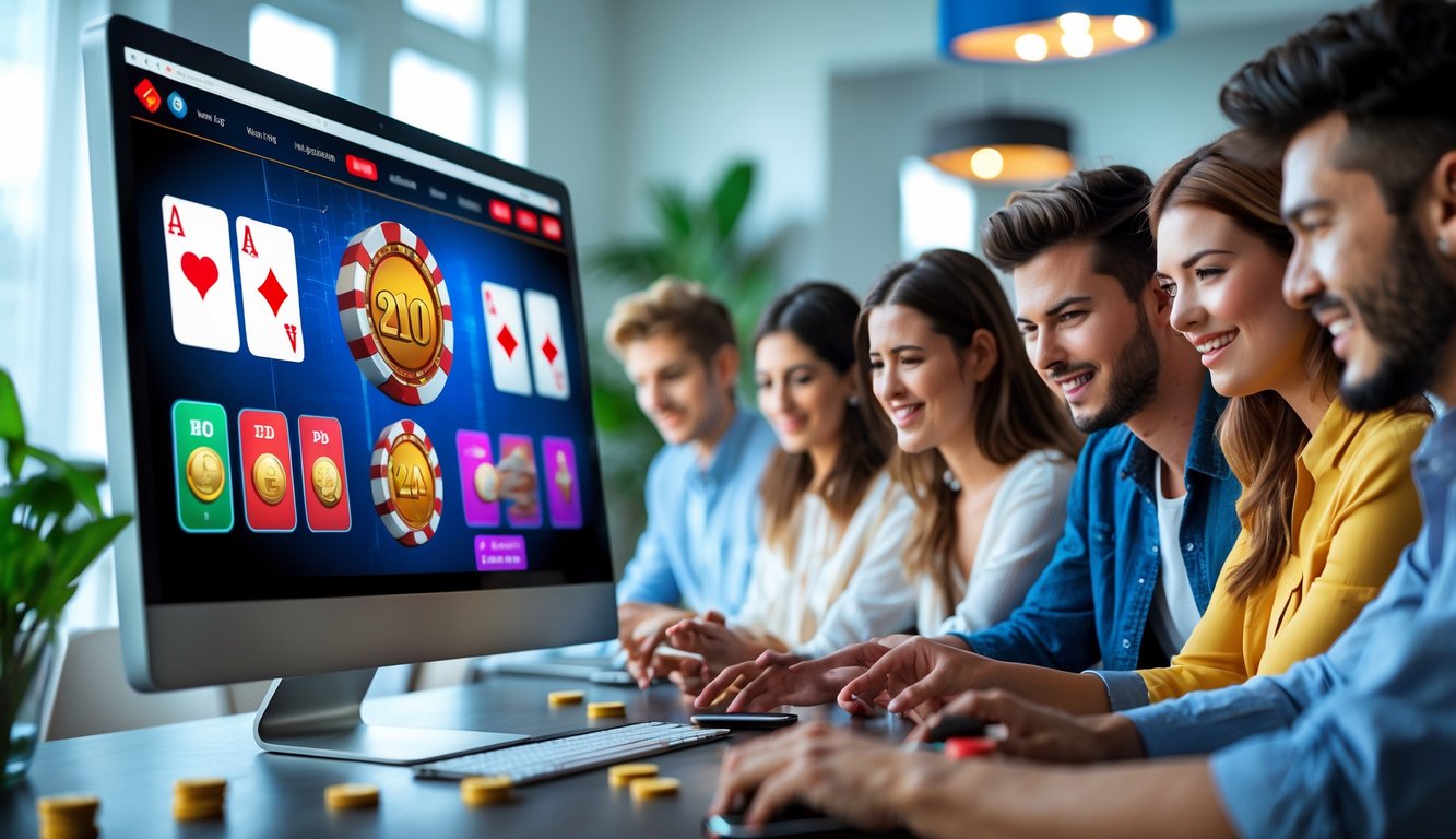 Beberapa orang muda sedang bermain game kartu online di komputer dan ponsel di ruangan yang terang.