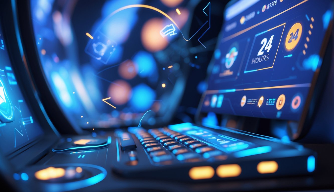 Antarmuka digital modern yang menunjukkan aktivitas online yang berlangsung sepanjang waktu dengan elemen bercahaya dan latar belakang abstrak.