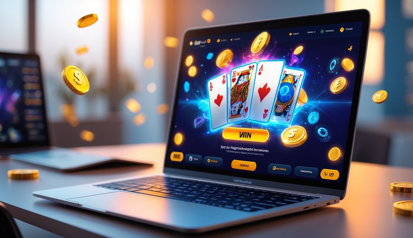Seorang pemain menggunakan laptop dengan tampilan permainan kartu online yang penuh warna dan simbol bonus besar di layar.