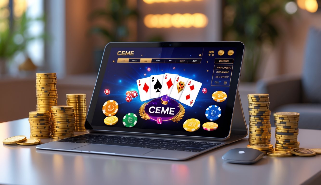 Sebuah laptop menampilkan permainan kartu Ceme online dengan tumpukan chip dan koin di sekitarnya di atas meja yang rapi.