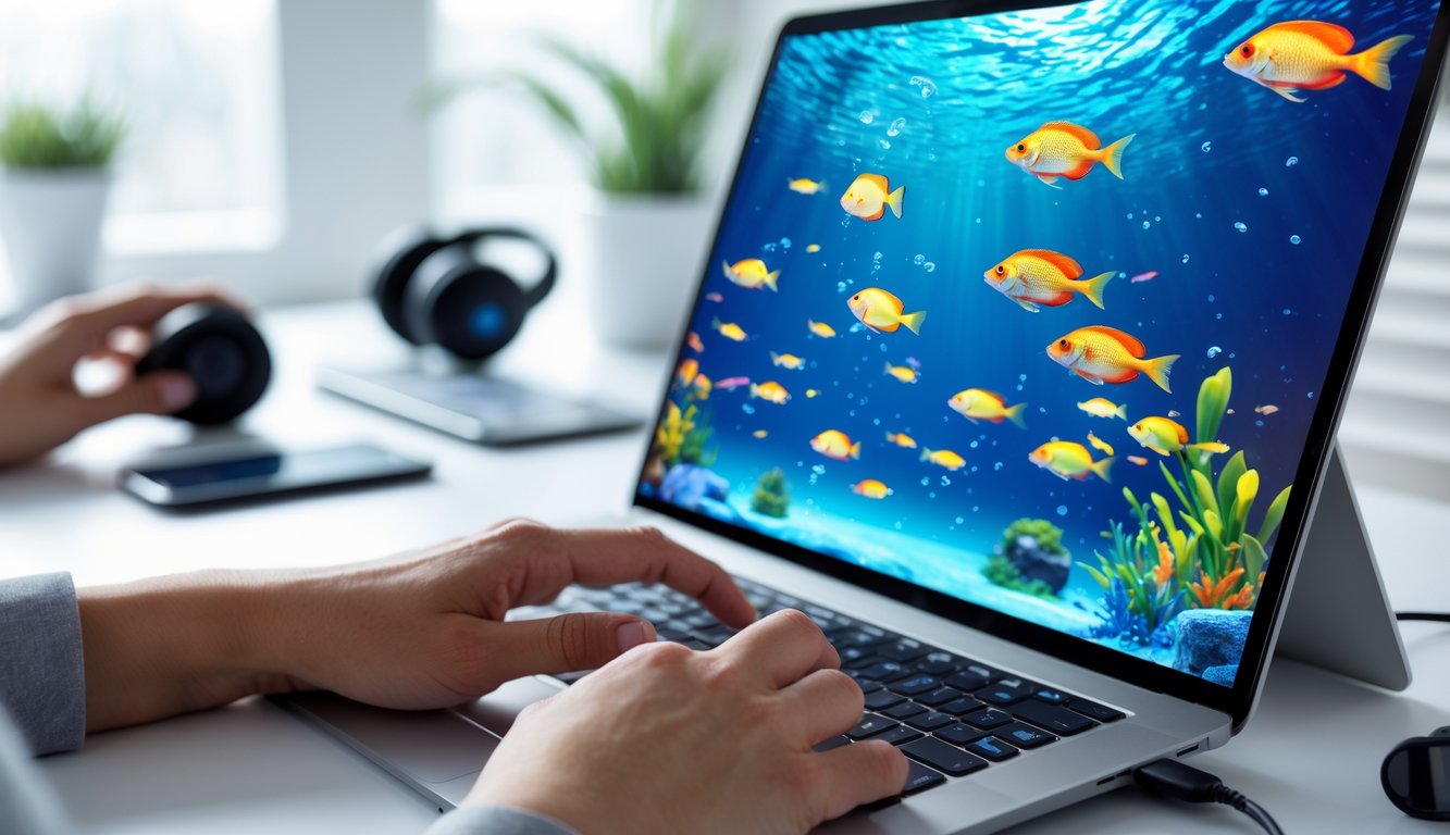 Seseorang bermain permainan tembak ikan online di komputer dengan gambar ikan berwarna-warni di layar.