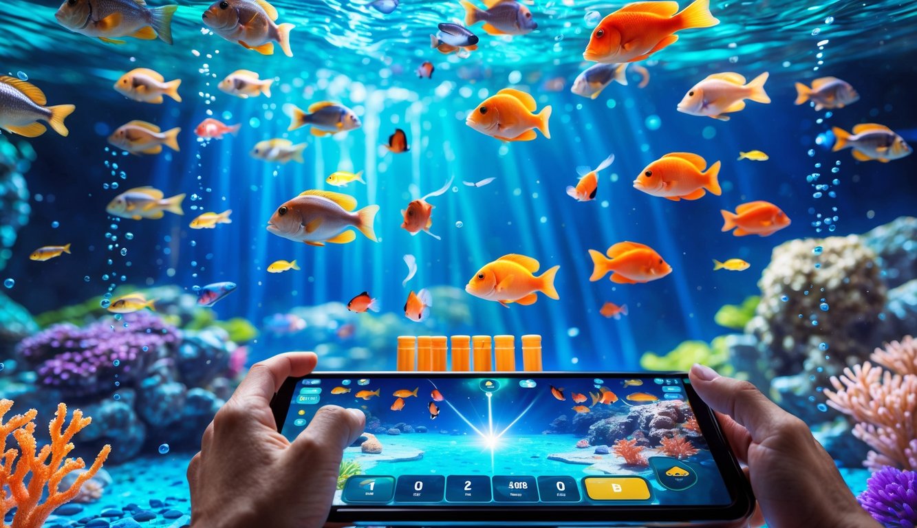 Suasana permainan tembak ikan online dengan ikan berwarna-warni berenang di bawah air dan tangan pemain yang sedang menggunakan perangkat layar sentuh.