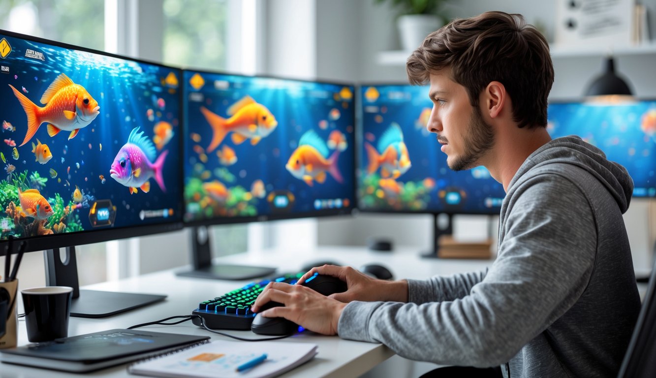 Seorang pria fokus bermain game tembak ikan online di komputer di ruang kerja rumah.