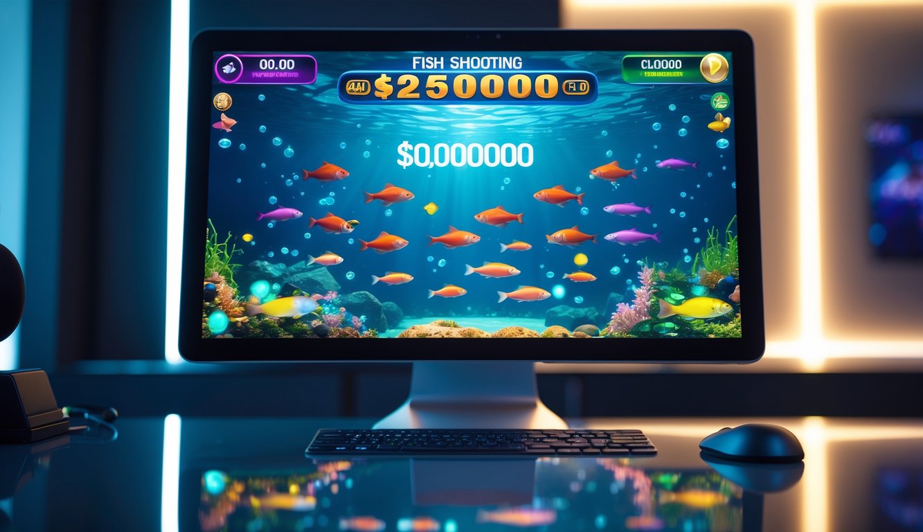 Layar komputer menampilkan permainan tembak ikan online dengan ikan berwarna-warni dan angka jackpot yang menyala.