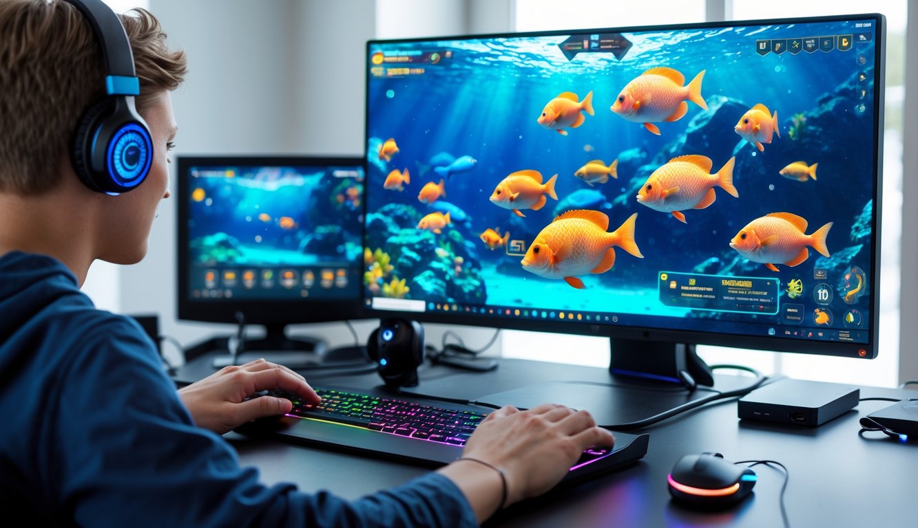 Seorang pemain sedang menggunakan komputer untuk bermain permainan tembak ikan online dengan latar belakang ruangan kerja yang rapi.