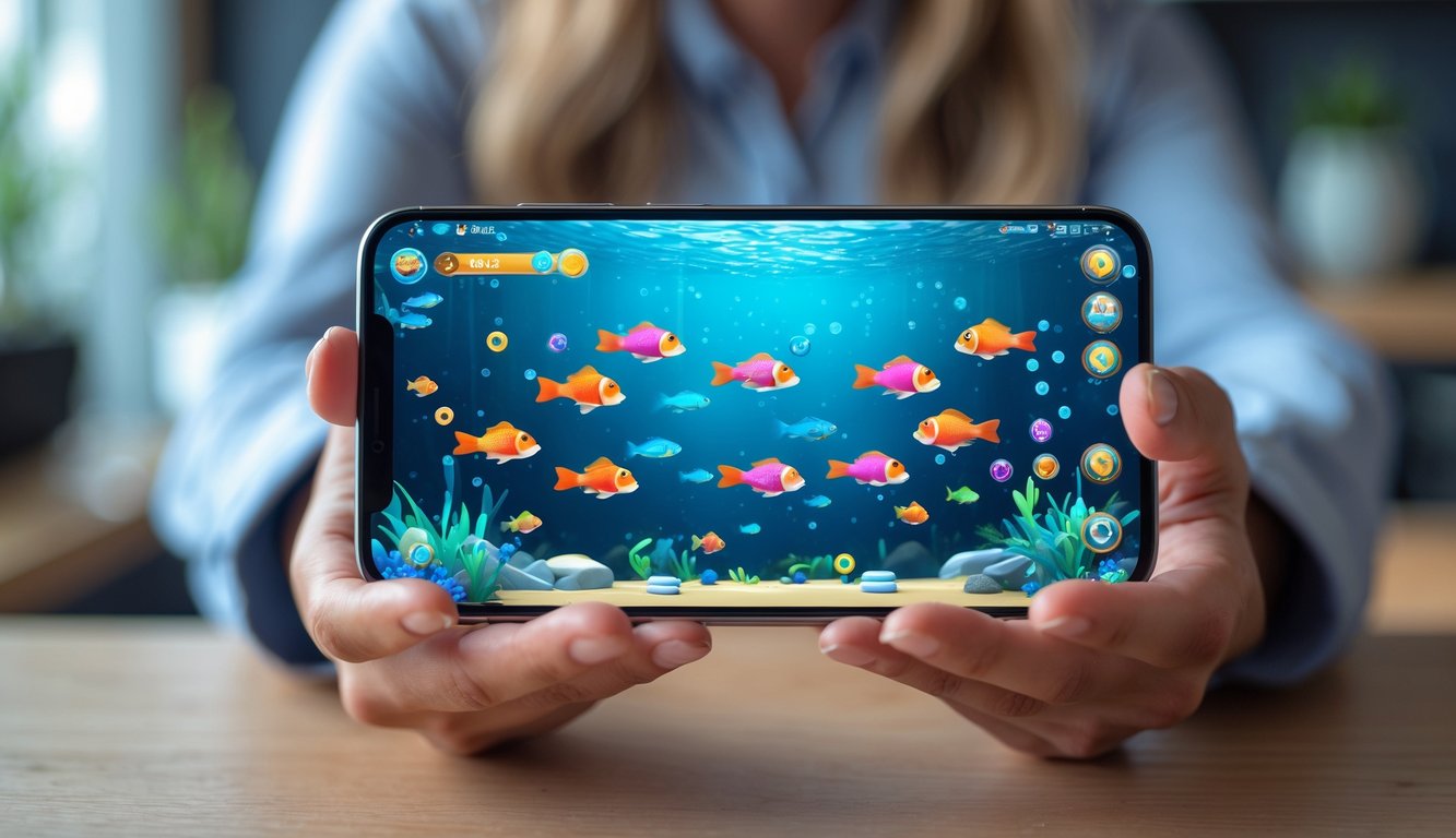 Seseorang memegang ponsel yang menampilkan permainan tembak ikan online dengan ikan berwarna-warni di layar.