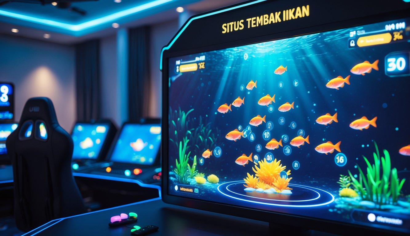 Layar permainan tembak ikan digital dengan ikan berwarna-warni berenang di latar bawah laut di sebuah ruangan permainan dengan pencahayaan biru.