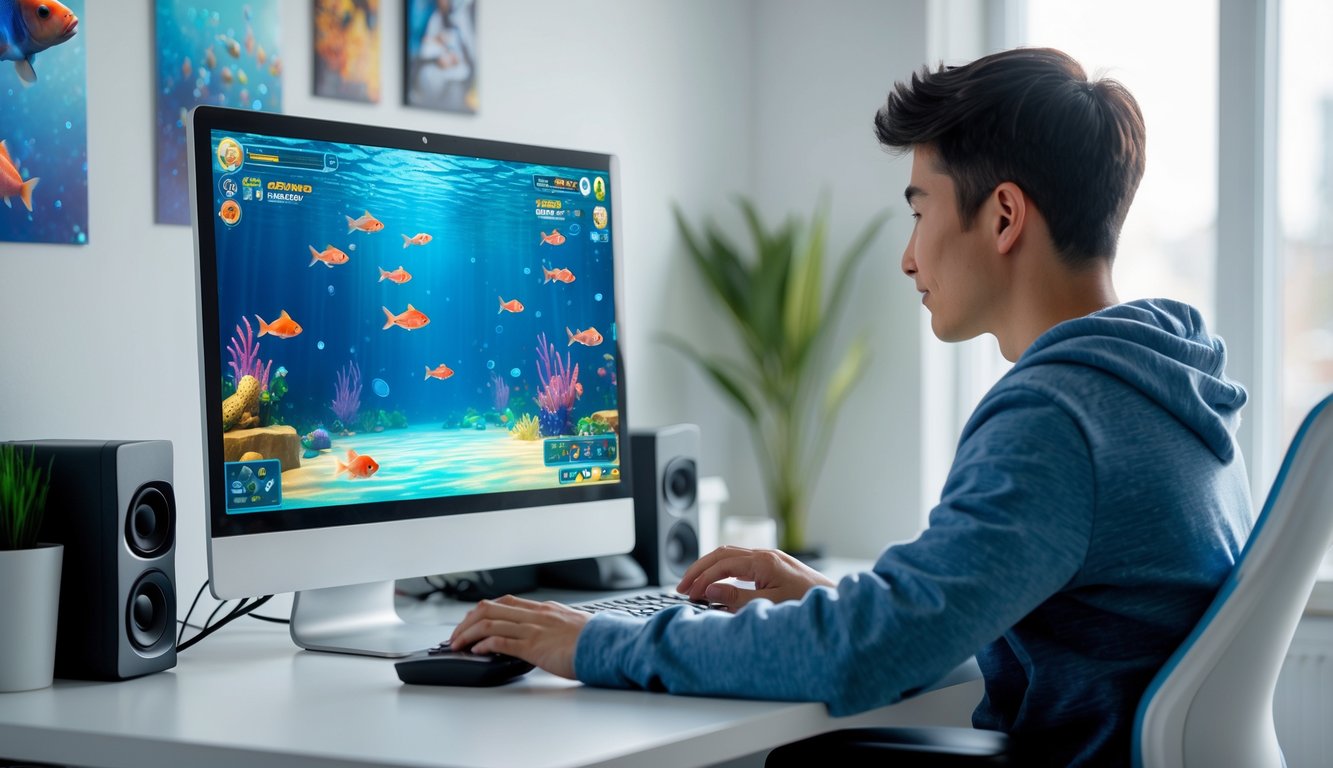 Seorang pemula sedang bermain permainan tembak ikan online di depan komputer di sebuah ruangan yang terang dan rapi.