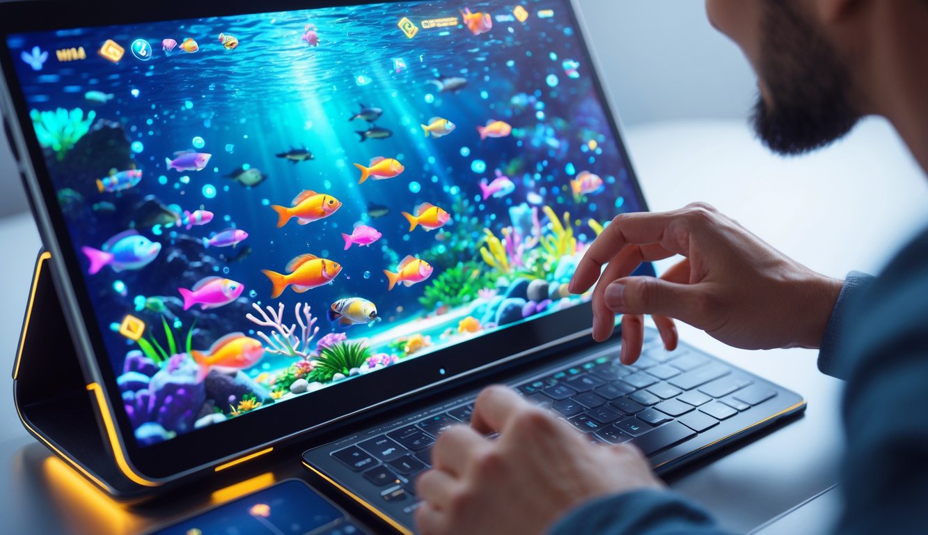 Seseorang sedang bermain game tembak ikan online di layar komputer dengan gambar ikan berwarna-warni di bawah laut.