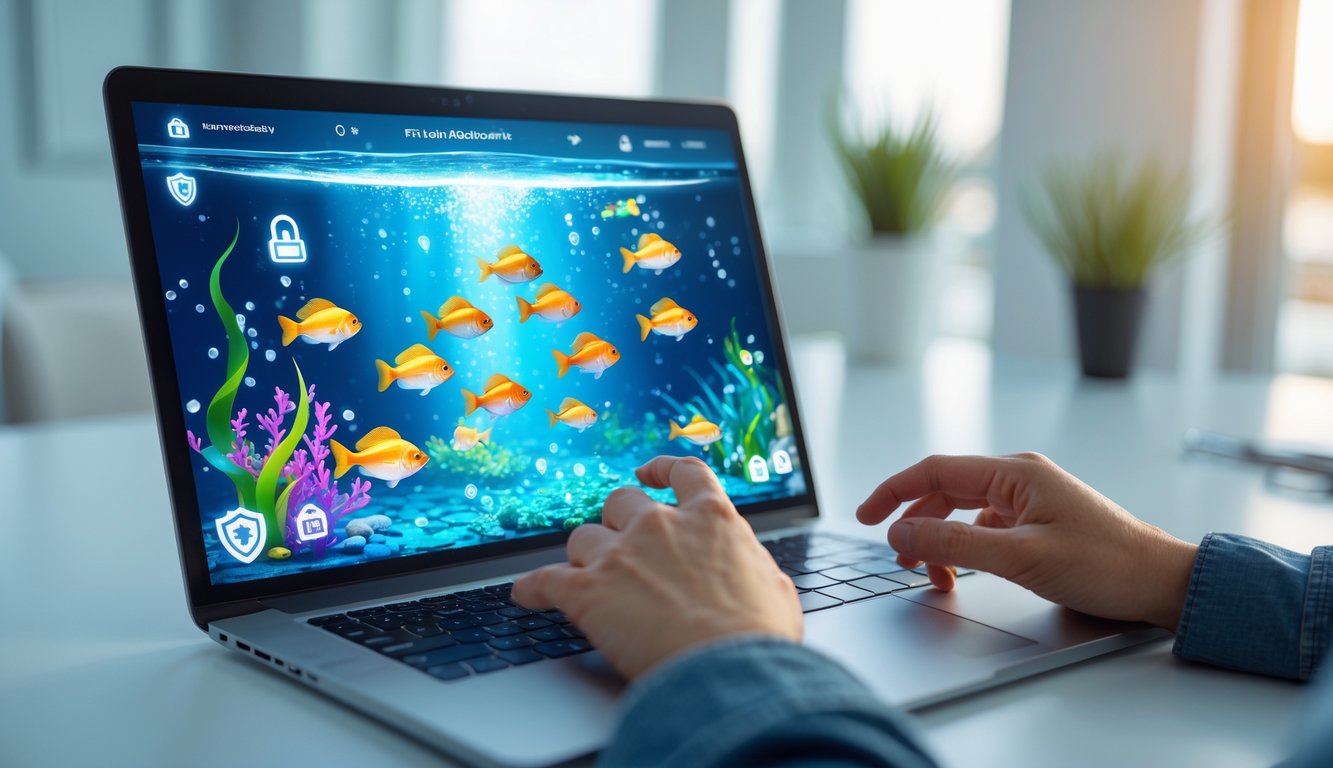 Seseorang menggunakan komputer dengan tampilan permainan ikan berwarna-warni di layar, menunjukkan suasana permainan online yang aman dan terpercaya.