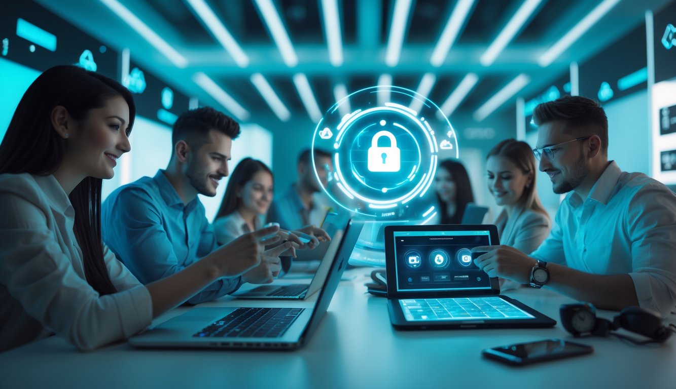 Orang-orang menggunakan perangkat digital di ruang kantor modern dengan pencahayaan biru dan hijau yang menampilkan antarmuka permainan dan simbol keamanan.