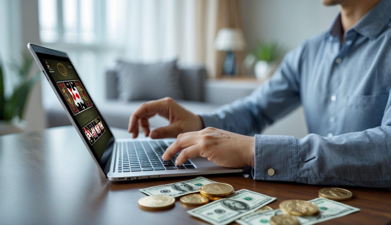 Seseorang sedang menggunakan laptop di meja dengan permainan kartu digital dan uang nyata di sekitarnya.