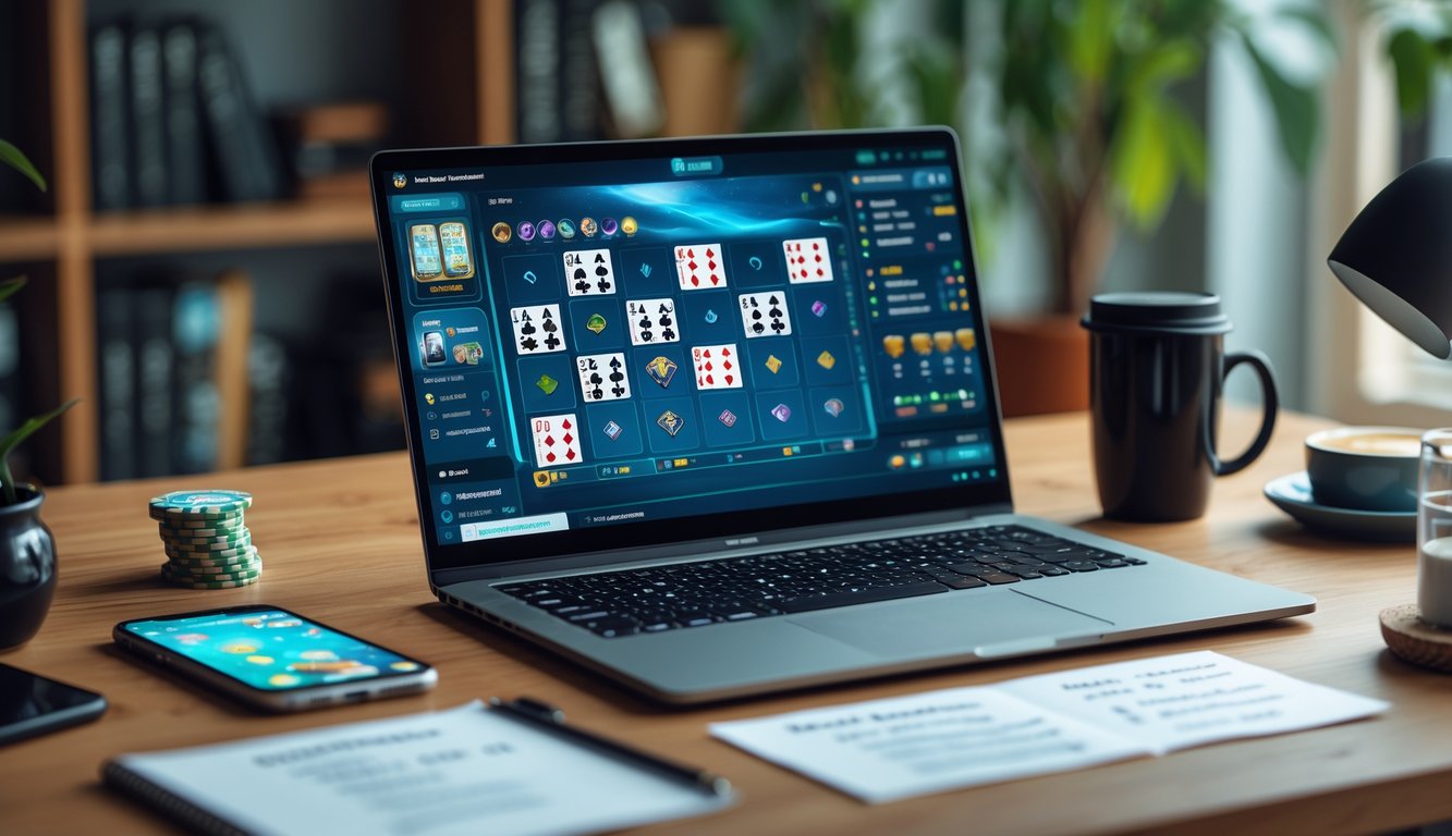 Seorang pria duduk di depan laptop dengan permainan kartu digital di layar, dikelilingi oleh aksesori permainan dan suasana kerja yang nyaman.