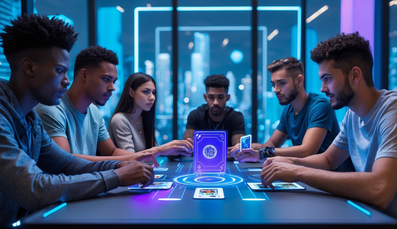 Sekelompok orang muda sedang bermain kartu online di meja digital futuristik dengan latar kota modern.