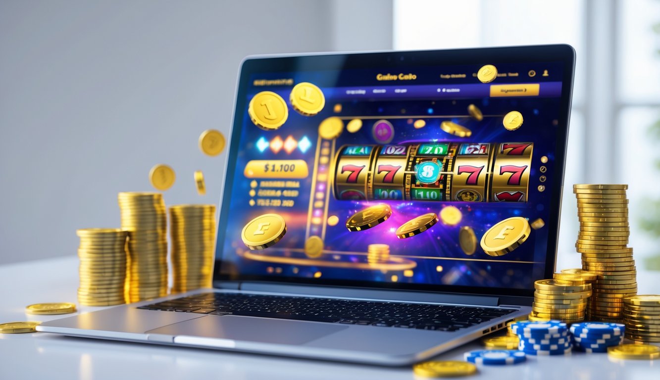 Suasana ruang kerja modern dengan laptop yang menampilkan permainan kasino online dan tumpukan koin emas serta chip poker di sekitarnya.