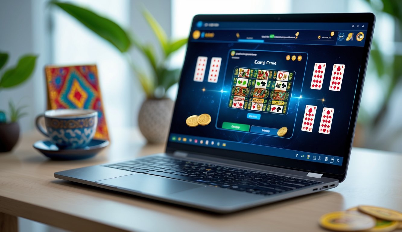 Seorang pria menggunakan laptop di meja kerja dengan permainan kartu digital di layar, dikelilingi oleh dekorasi batik dan secangkir kopi.