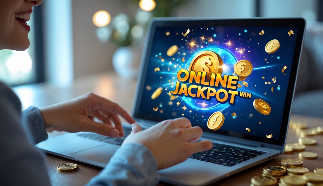 Seseorang menggunakan laptop atau ponsel dengan layar menampilkan permainan jackpot online yang meriah dengan koin emas dan dekorasi perayaan.