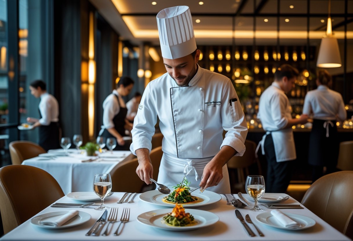 Un chef en tenue blanche prépare un plat dans un restaurant élégant et animé à Montréal, avec des tables bien dressées et des clients en arrière-plan.