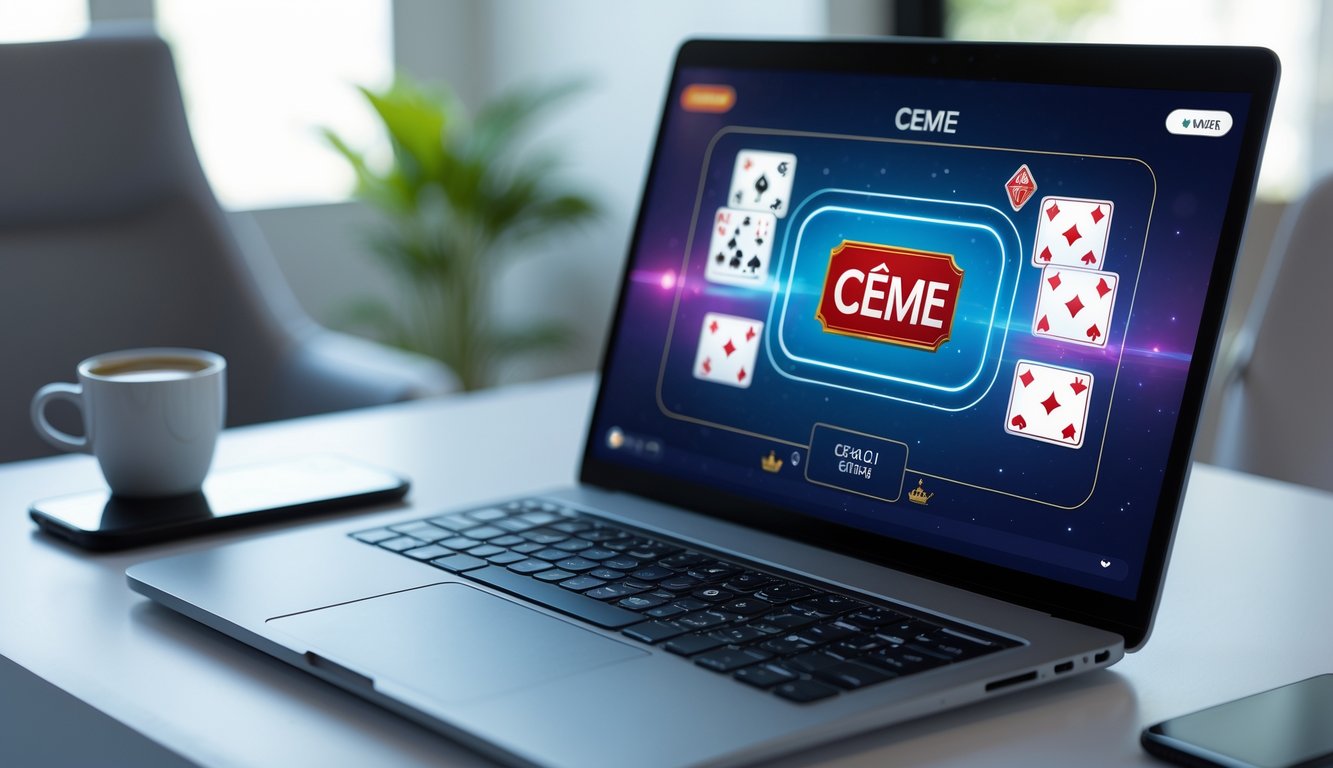 Seorang pemain sedang menggunakan komputer dengan tampilan permainan kartu Ceme online di layar dalam suasana ruangan yang rapi dan terang.