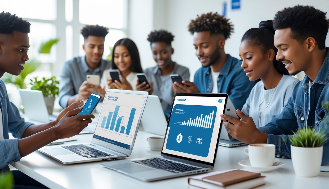 Beberapa orang muda menggunakan ponsel dan laptop di ruang kerja modern untuk melakukan transaksi keuangan secara online.