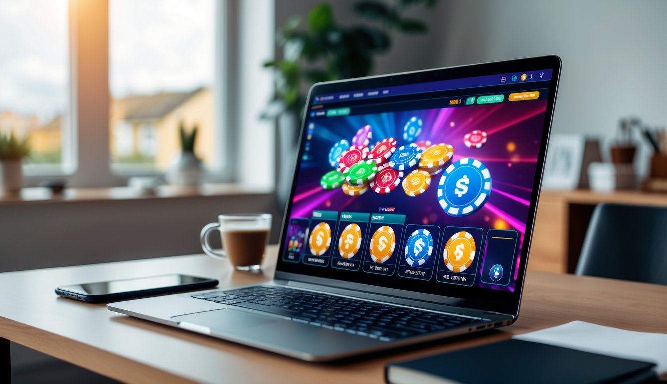 Seorang pengguna duduk di depan laptop yang menampilkan permainan kartu online dengan tumpukan chip virtual di meja kerja yang rapi.
