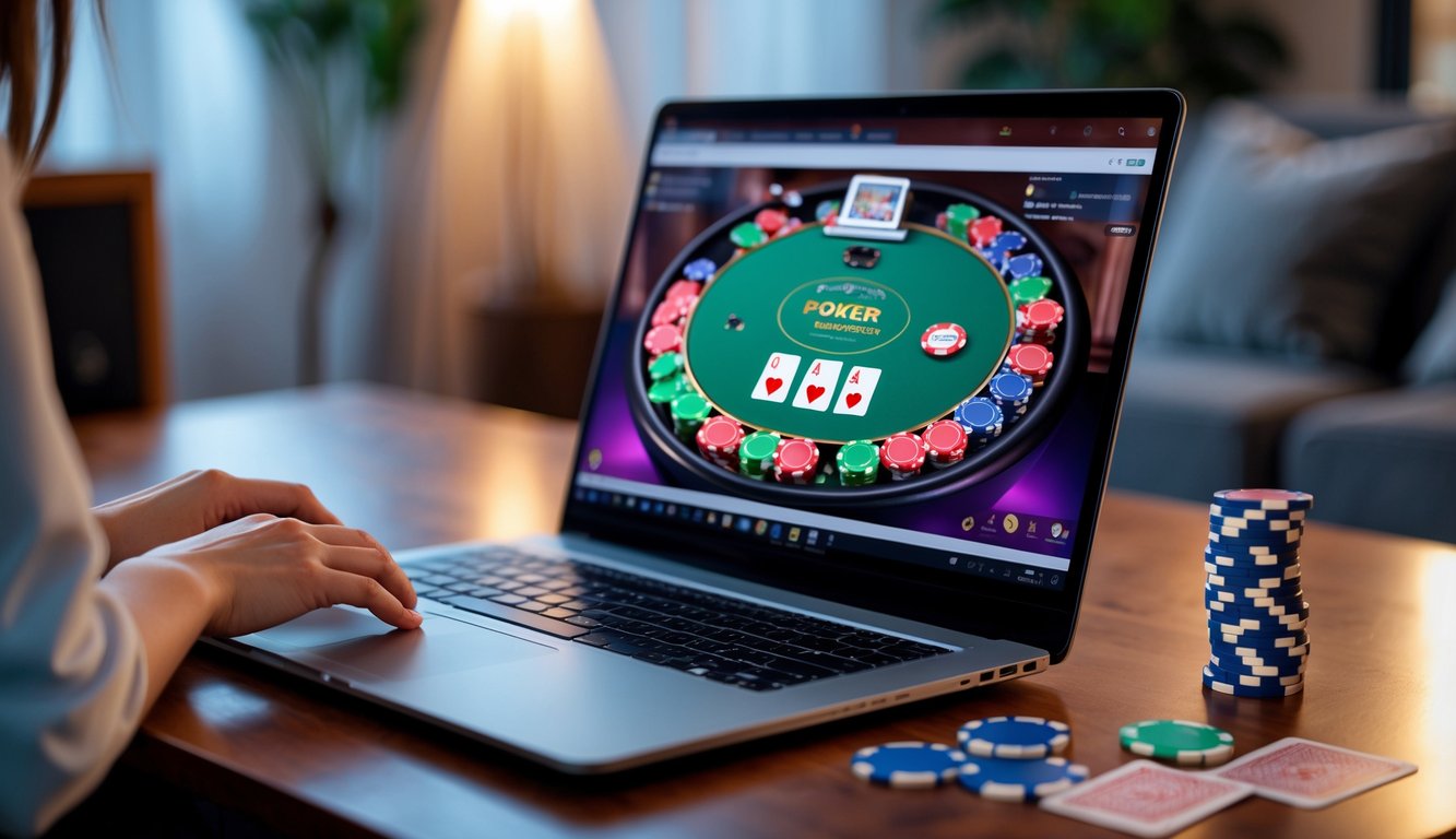 Seorang pemain sedang bermain poker online di laptop di meja kayu dengan chip dan kartu poker terlihat di layar.