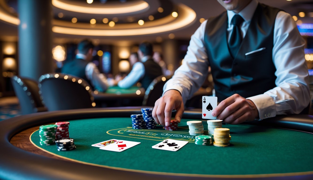 Meja poker dengan tumpukan chip dan kartu, dikelilingi pemain di dalam kasino yang mewah.