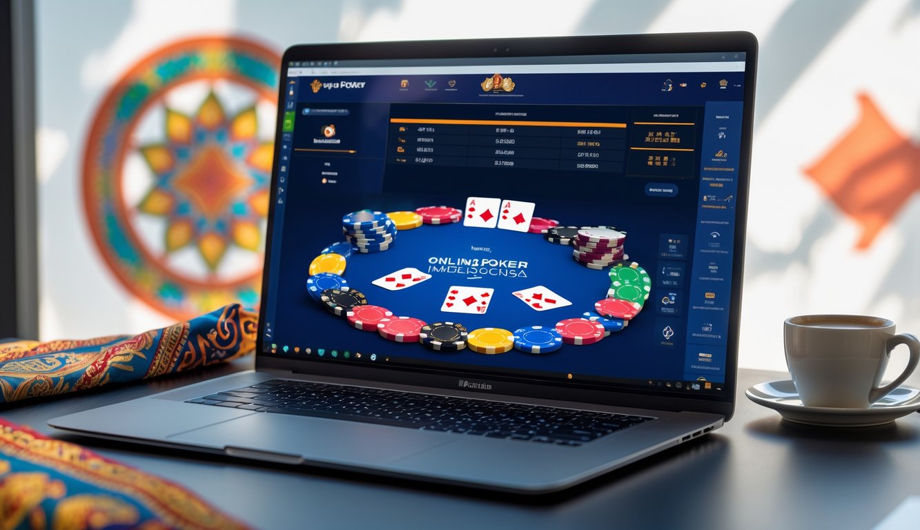 Seorang pemain menggunakan komputer untuk bermain poker online dengan chip dan kartu di layar, di latar belakang terdapat elemen budaya Indonesia.