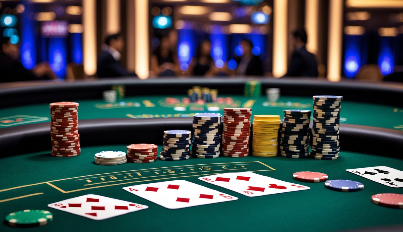 Meja poker dengan tumpukan chip dan kartu di kasino mewah dengan pencahayaan hangat.