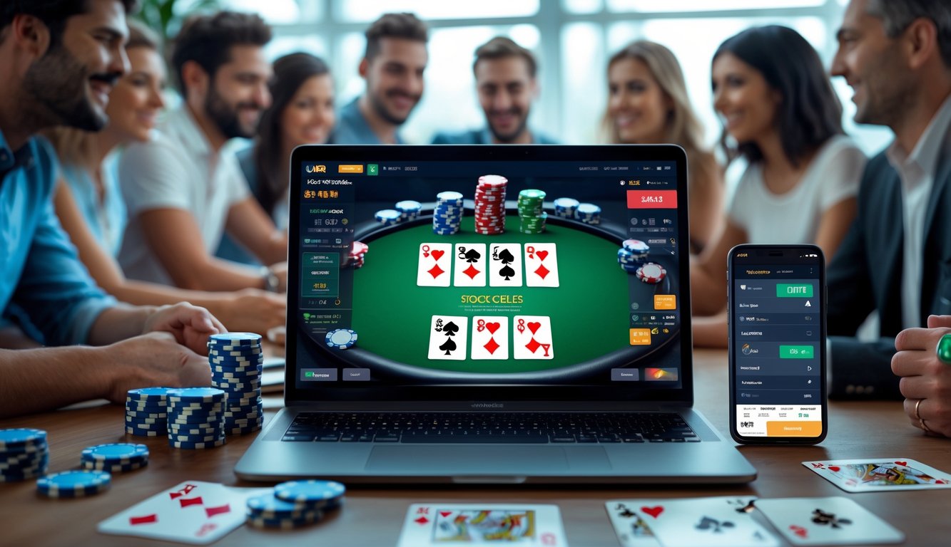 Orang-orang bermain poker online dengan uang asli menggunakan laptop dan perangkat elektronik di meja kerja.