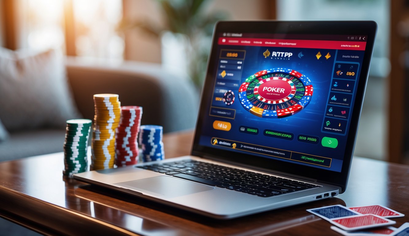 Sebuah laptop dengan permainan poker online yang menampilkan kartu dan chip poker di atas meja kayu yang rapi.