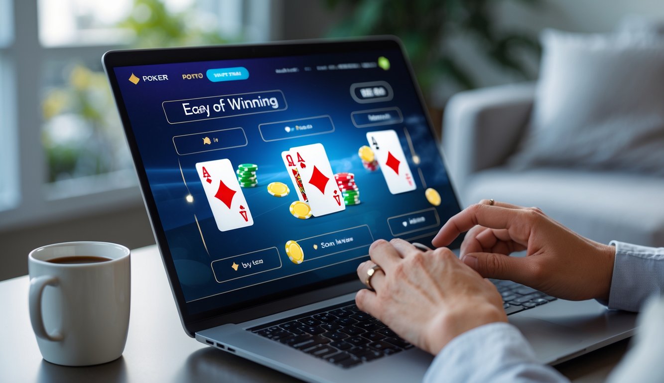 Seseorang bermain poker online di depan komputer dengan suasana nyaman di rumah.