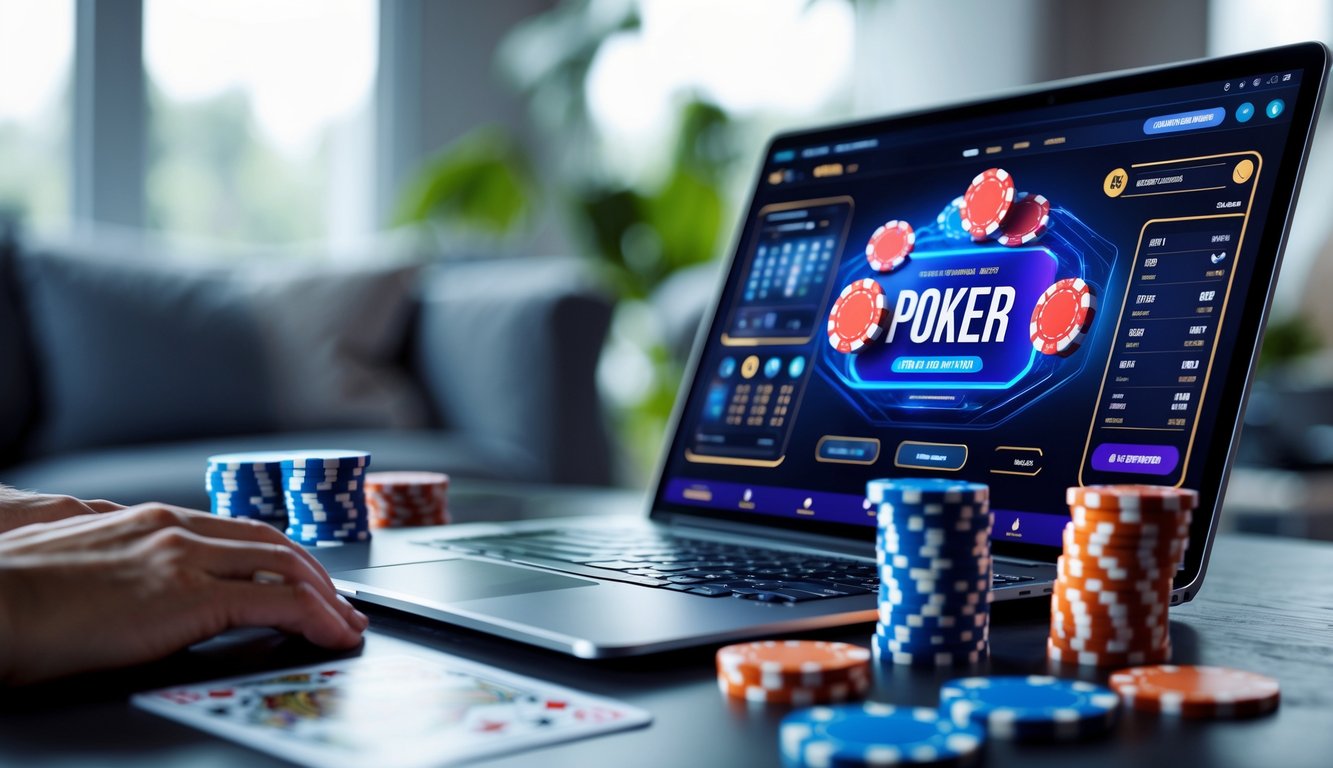 Seseorang bermain poker online menggunakan komputer dengan chip poker dan kartu di layar.