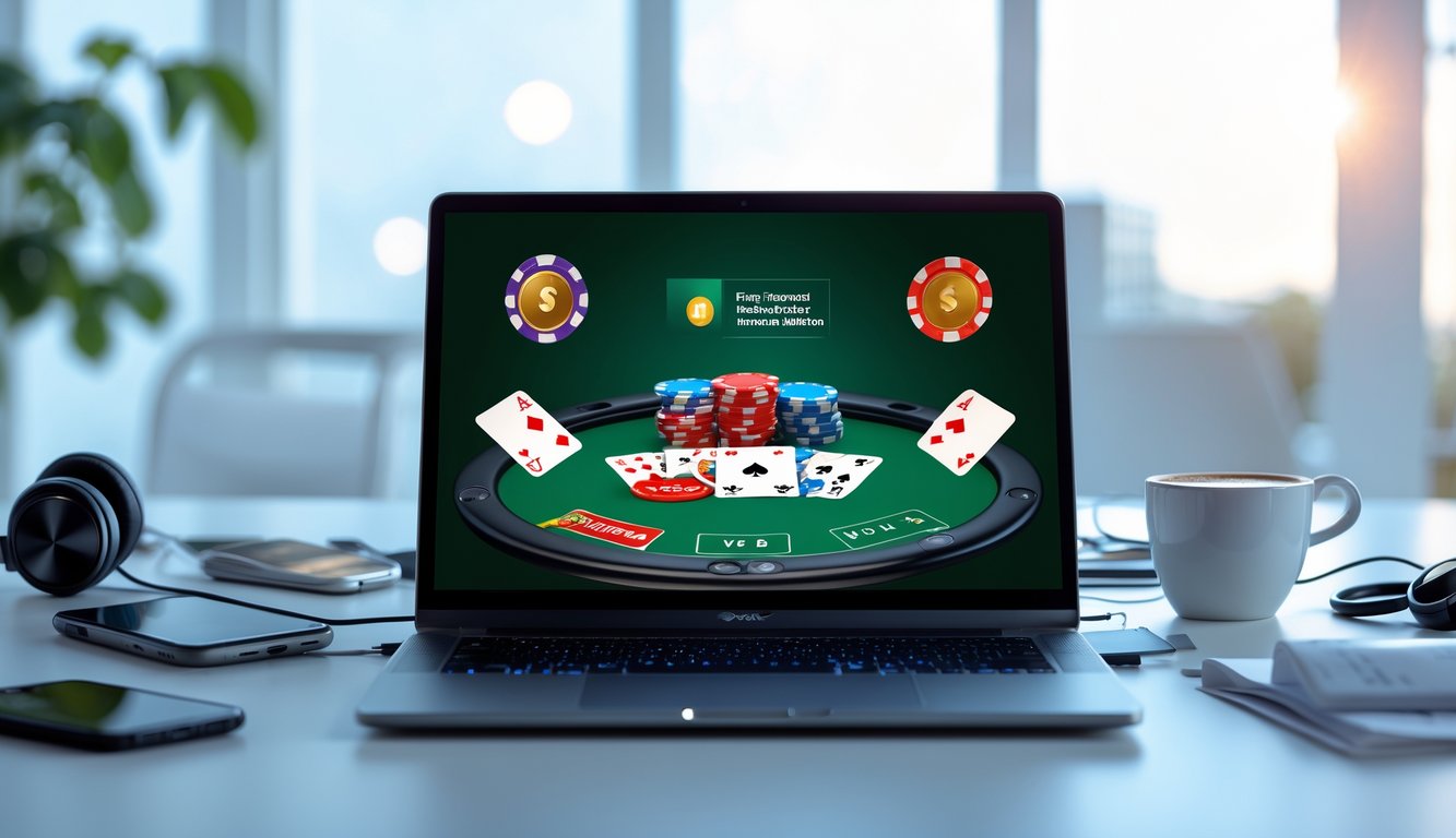 Seorang pemain poker online menggunakan laptop di meja kerja dengan chip poker, kartu, dan smartphone di sekitarnya.