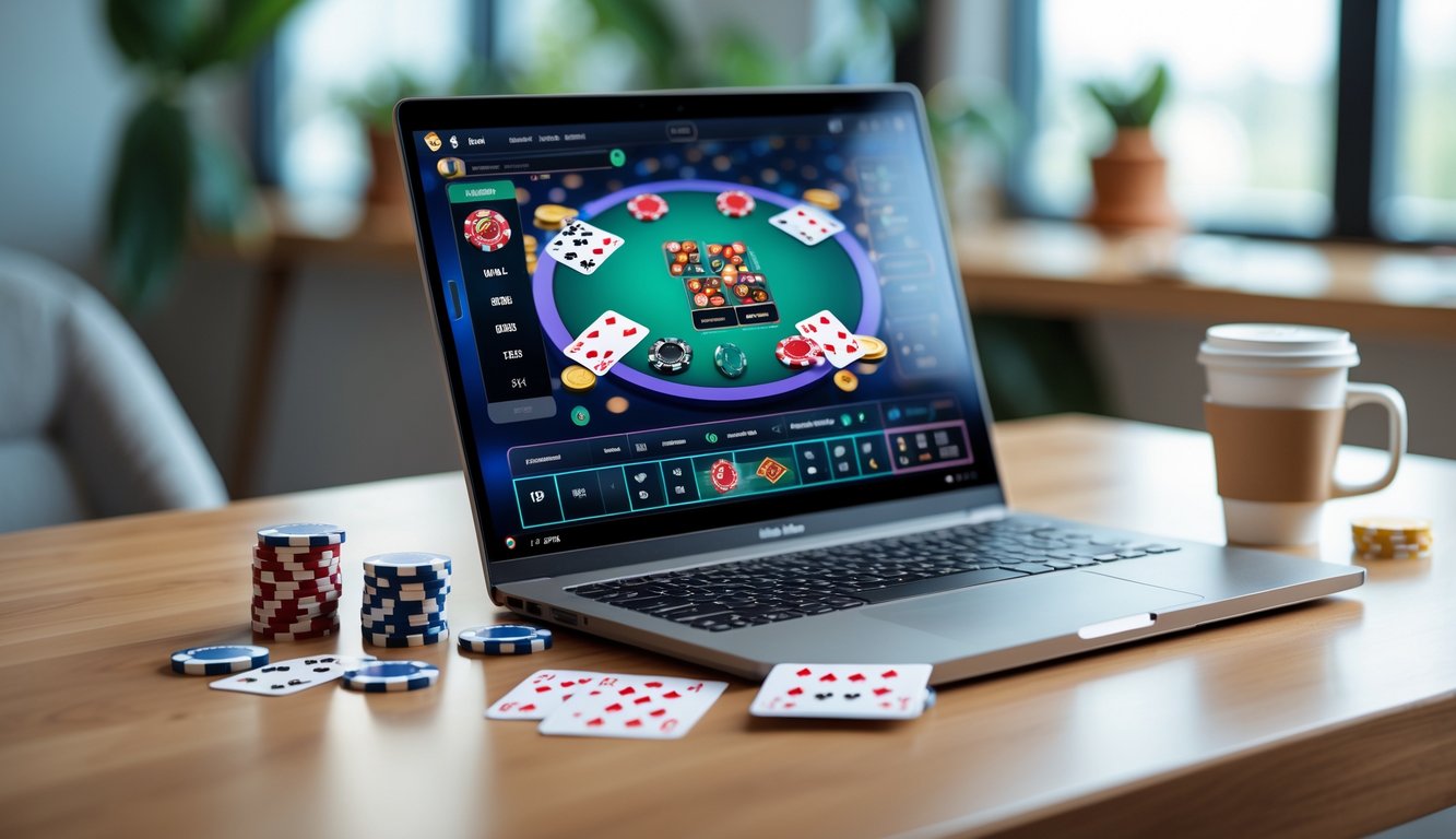 Suasana meja dengan komputer menampilkan permainan poker online, kartu dan chip poker di sekitar meja.