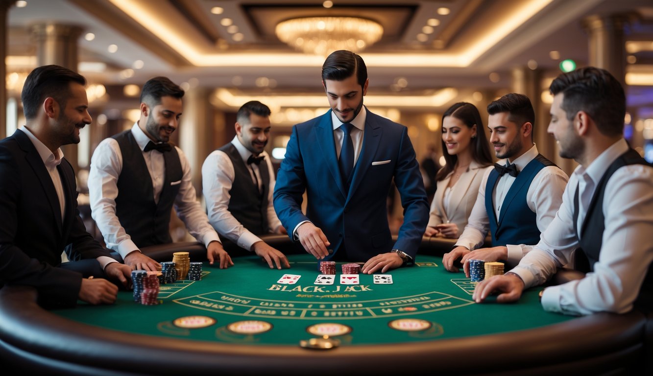 Meja blackjack dengan dealer dan pemain di kasino mewah yang terang dan rapi.