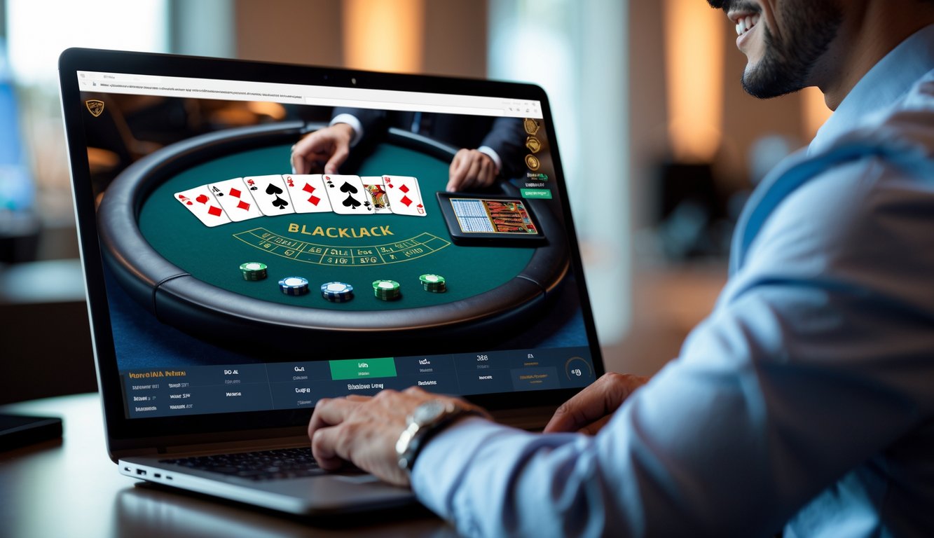 Seorang pemain menggunakan laptop dengan tampilan meja blackjack virtual di layar komputer dalam suasana yang modern dan profesional.