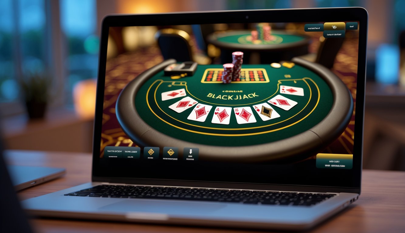 Layar komputer menampilkan permainan blackjack online dengan kartu dan chip di meja kasino digital.