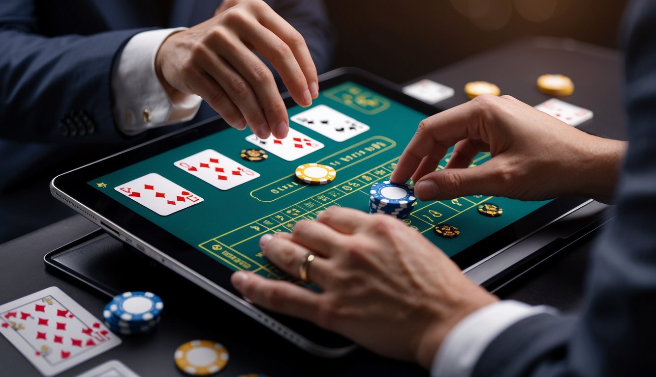 Seseorang bermain blackjack online menggunakan laptop dengan kartu dan chip di layar.