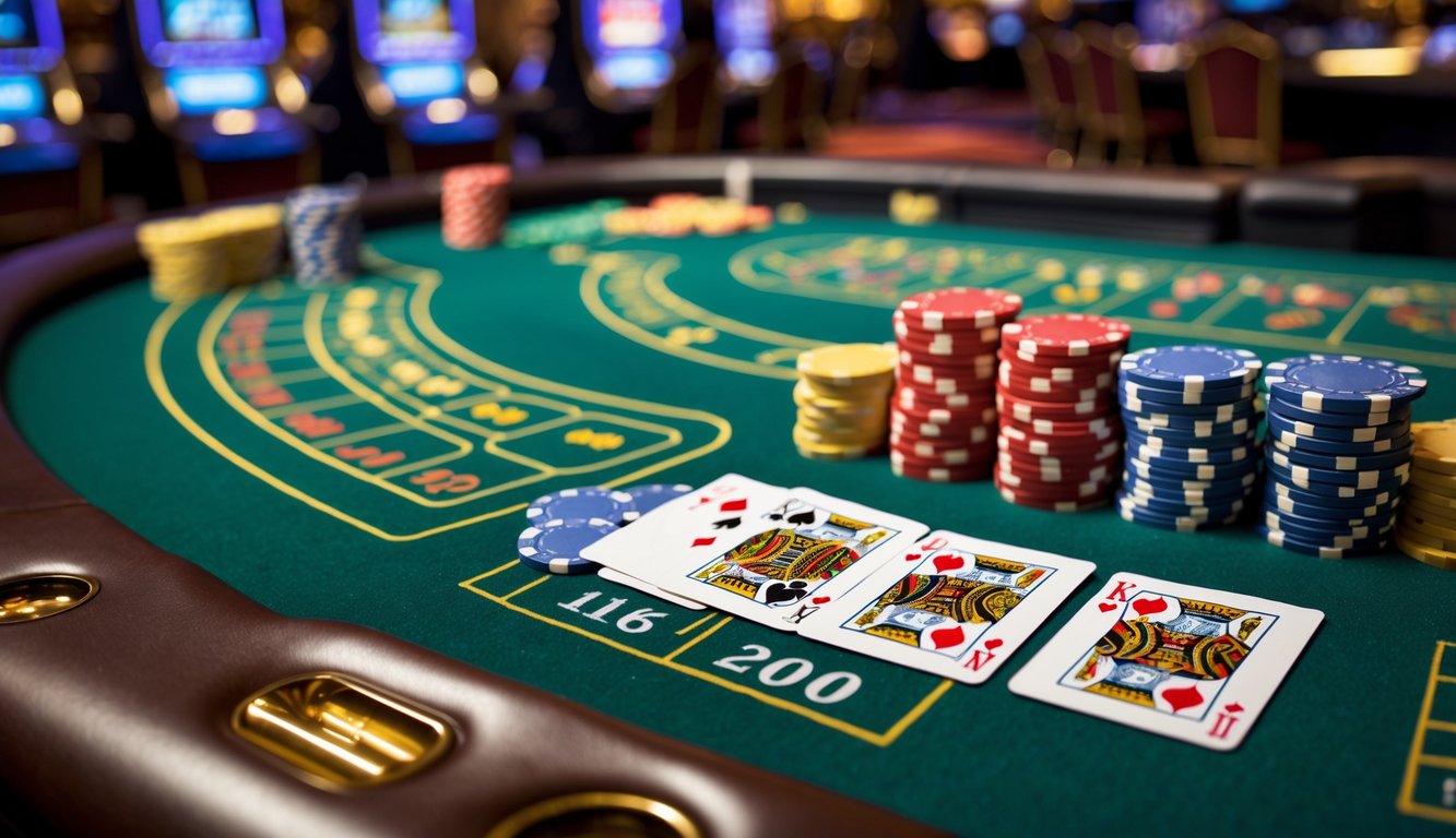 Meja blackjack kasino dengan kartu dan chip poker yang tertata rapi dalam suasana yang mewah.