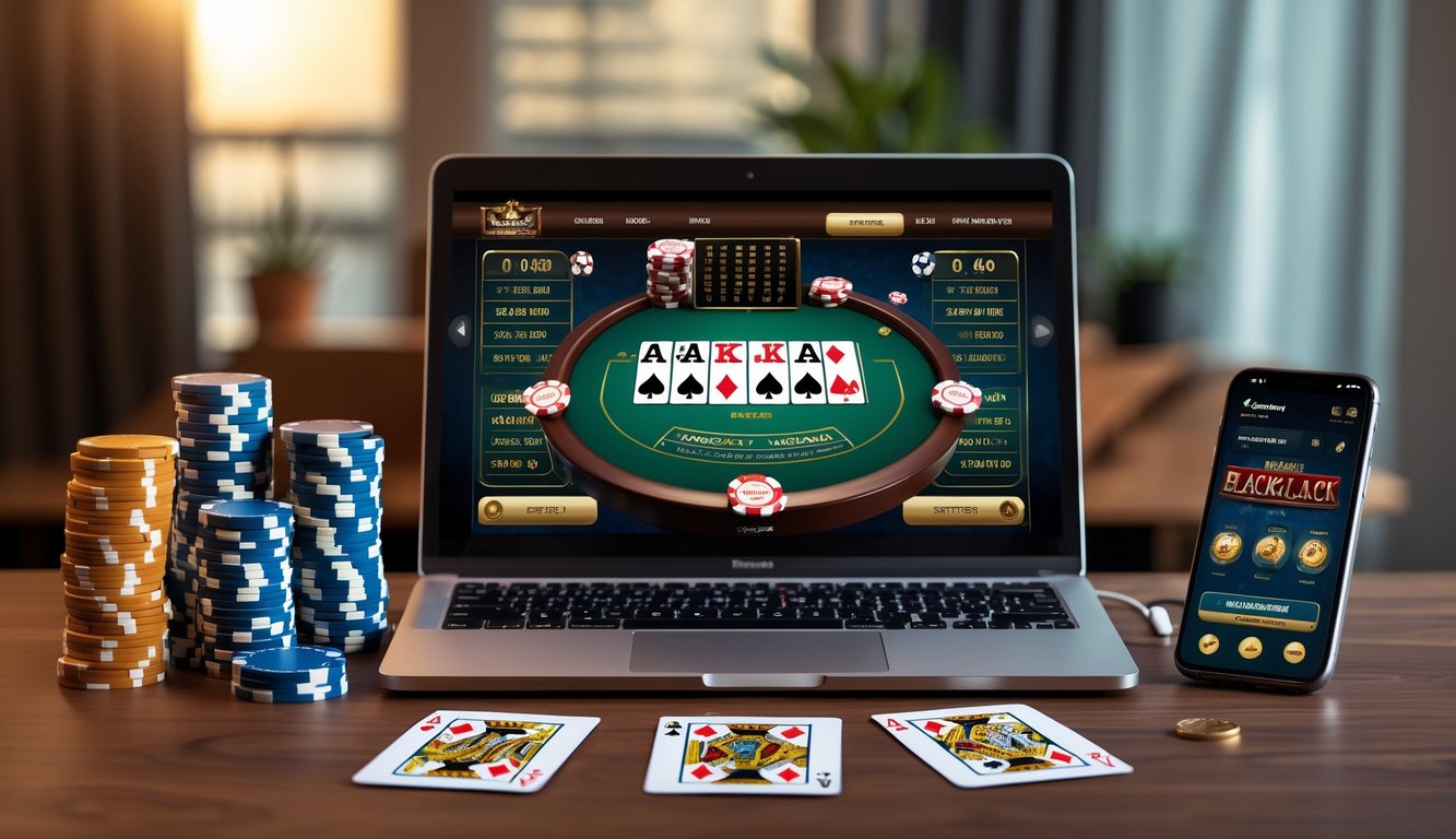 Seorang pemain menggunakan laptop dengan permainan blackjack online di layar, dikelilingi oleh chip poker dan kartu remi, menunjukkan suasana bermain blackjack online.