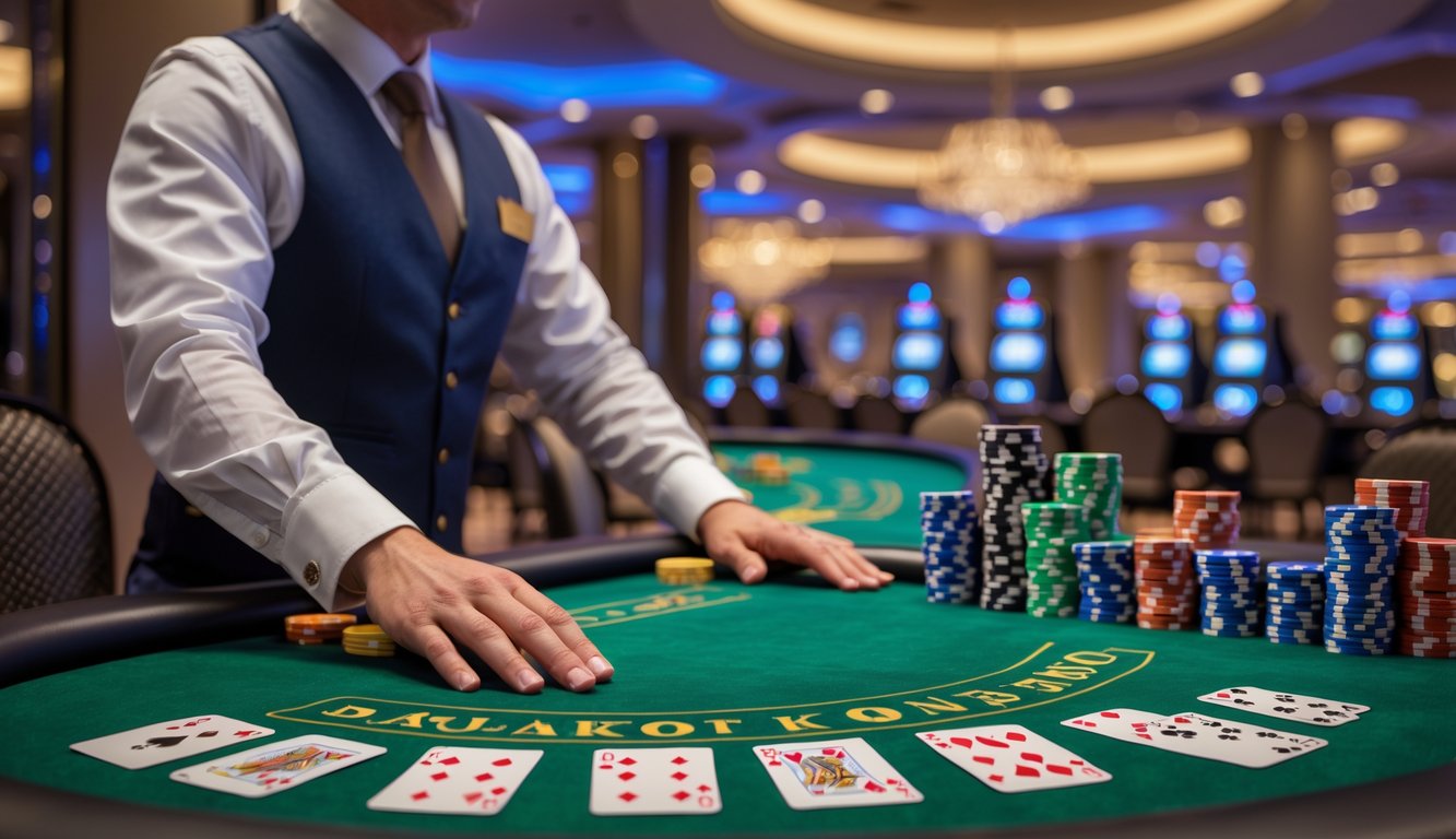 Meja blackjack di kasino modern dengan dealer yang sedang mengatur permainan dan tumpukan chip poker di atas meja.