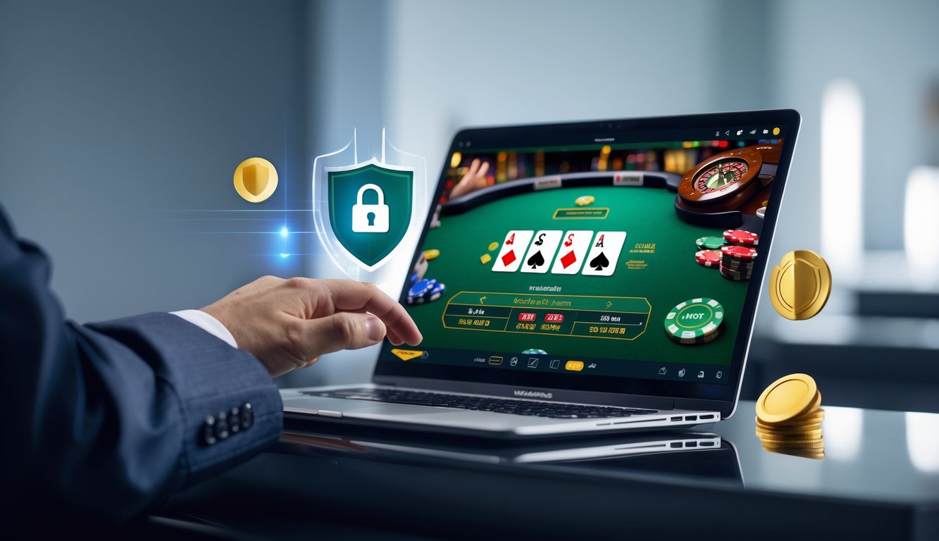 Sebuah pemandangan permainan blackjack online di layar komputer dengan simbol keamanan dan latar belakang kasino yang samar.