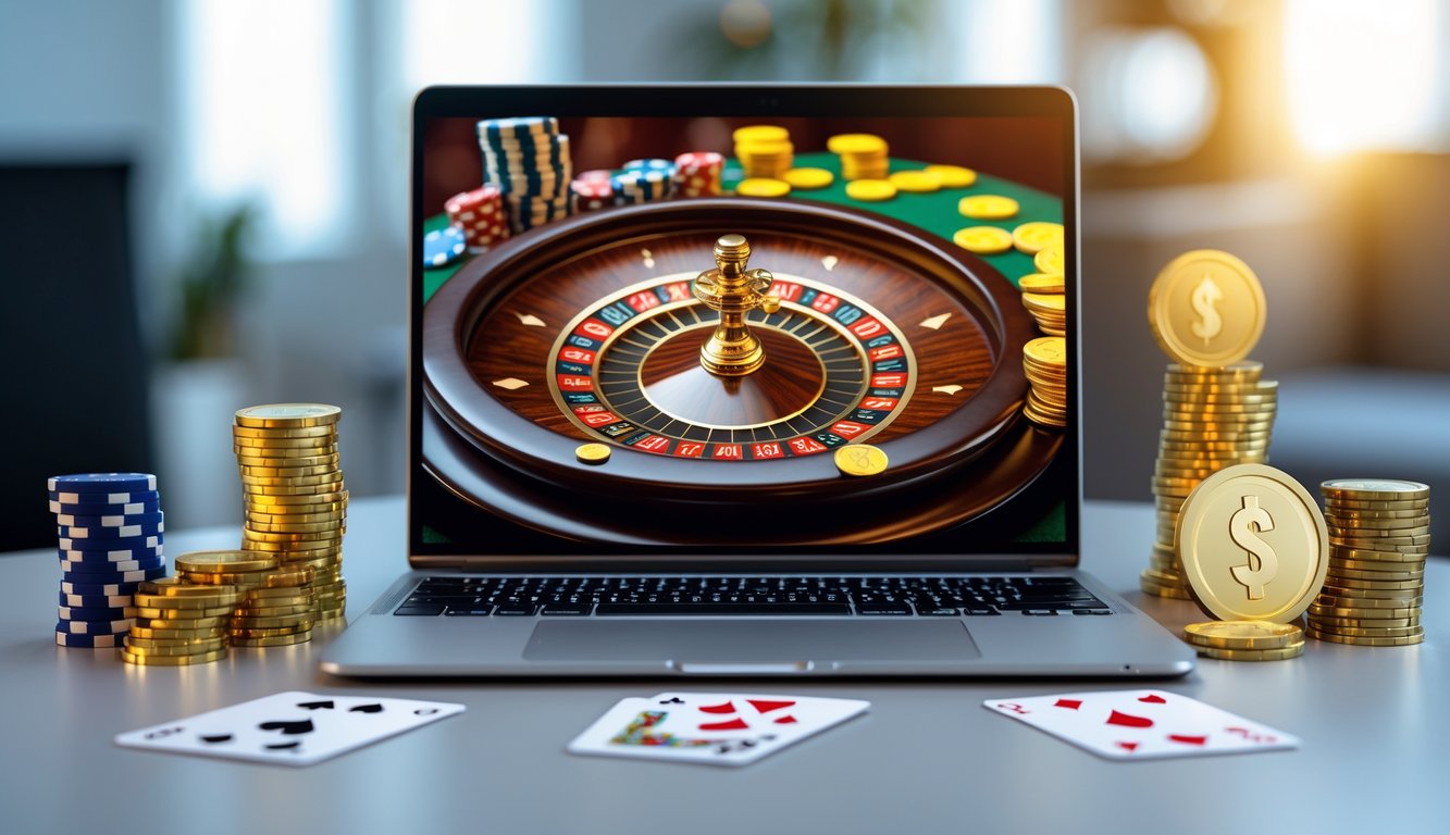 Seorang pemain sedang bermain blackjack online di laptop dengan tumpukan chip dan koin di meja.