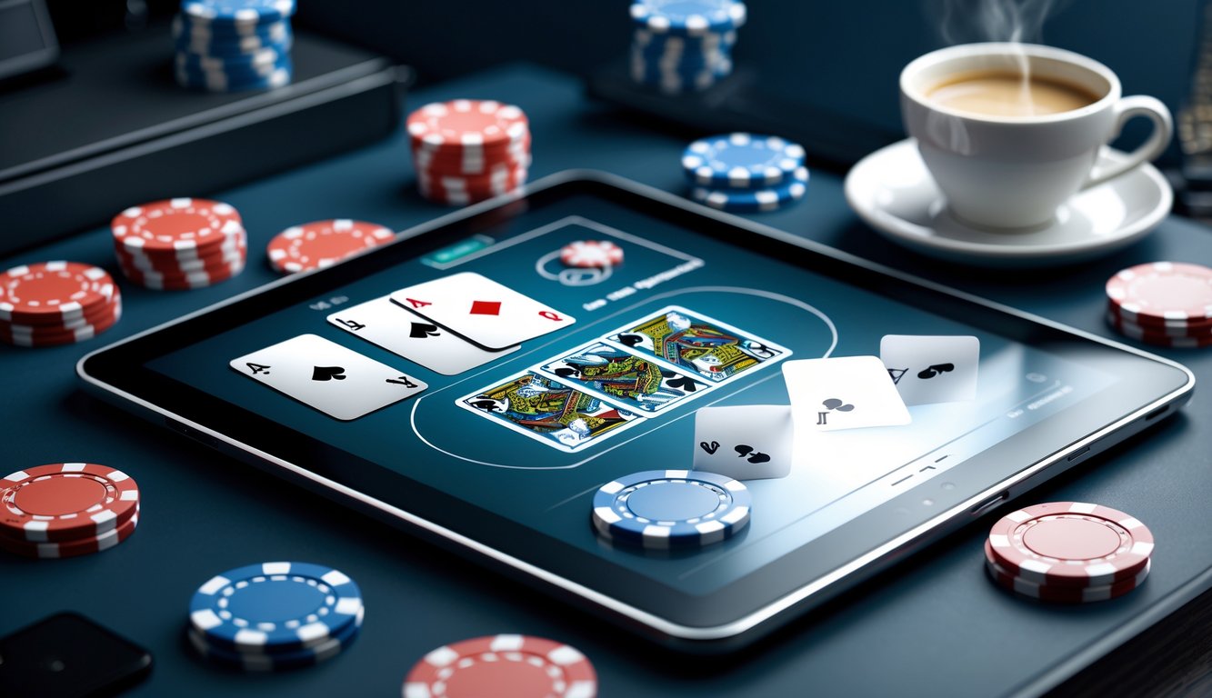 Sebuah perangkat digital menampilkan permainan blackjack dengan kartu dan chip kasino di sekitarnya.
